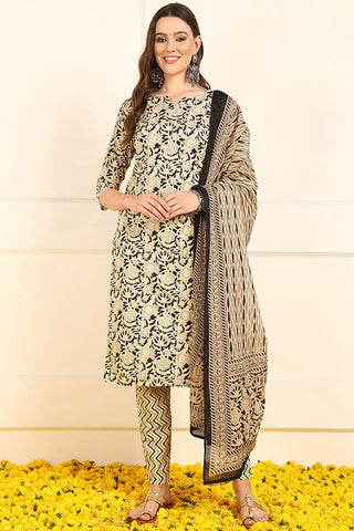 Cream & Black Cotton Floral Print Straight Shape Suit Set with Dupatta