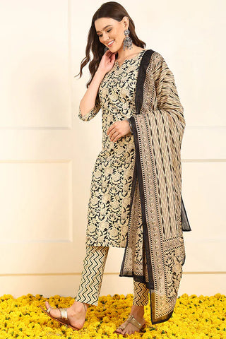 Cream & Black Cotton Floral Print Straight Shape Suit Set with Dupatta