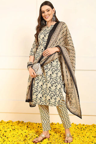 Cream & Black Cotton Floral Print Straight Shape Suit Set with Dupatta