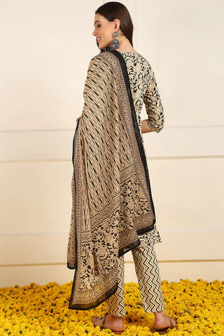 Cream & Black Cotton Floral Print Straight Shape Suit Set with Dupatta