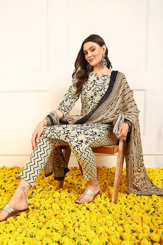 Cream & Black Cotton Floral Print Straight Shape Suit Set with Dupatta