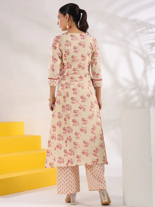 Cream & Pink Cotton Floral Print A Line Kurta Trouser Set