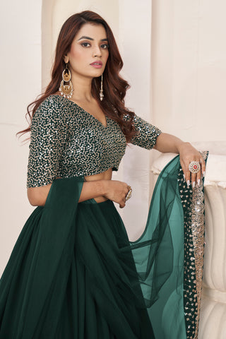 Dark Green Georgette Sequins & Zari Detailing Lehenga Choli Set