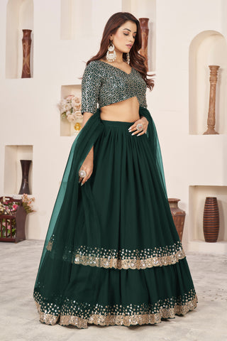 Dark Green Georgette Sequins & Zari Detailing Lehenga Choli Set