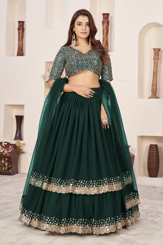 Dark Green Georgette Sequins & Zari Detailing Lehenga Choli Set