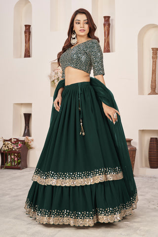 Dark Green Georgette Sequins & Zari Detailing Lehenga Choli Set