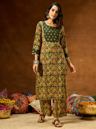 Green Cotton Paisley & Floral Print Kurta Bottom Set