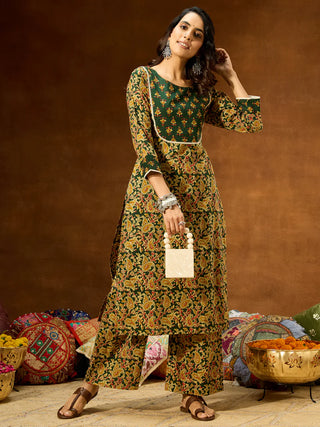 Green Cotton Paisley & Floral Print Kurta Bottom Set