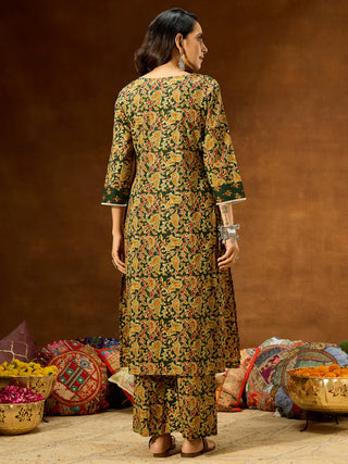 Green Cotton Paisley & Floral Print Kurta Bottom Set