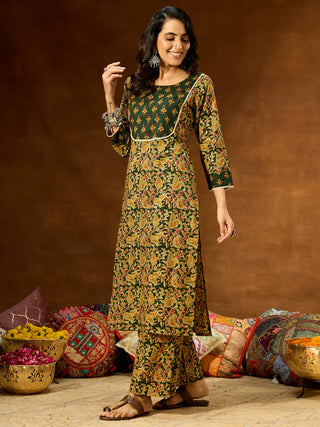 Green Cotton Paisley & Floral Print Kurta Bottom Set