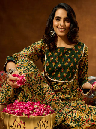 Green Cotton Paisley & Floral Print Kurta Bottom Set