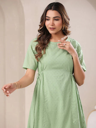 Green Pure Cotton Self Designed A Line Kurta Bottom Set