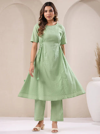 Green Pure Cotton Self Designed A Line Kurta Bottom Set