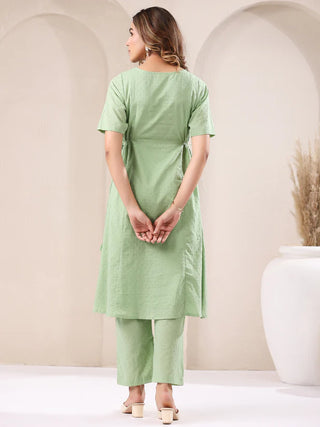 Green Pure Cotton Self Designed A Line Kurta Bottom Set