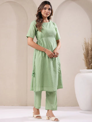 Green Pure Cotton Self Designed A Line Kurta Bottom Set