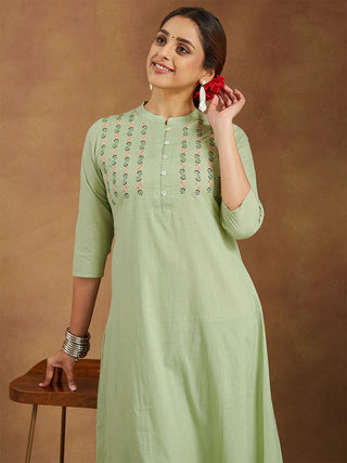 Mint Green Solid A Line Embroidered Kurta Bottom Set
