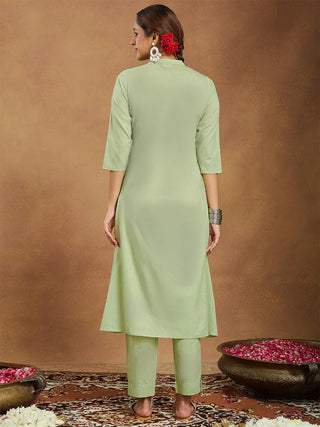 Mint Green Solid A Line Embroidered Kurta Bottom Set