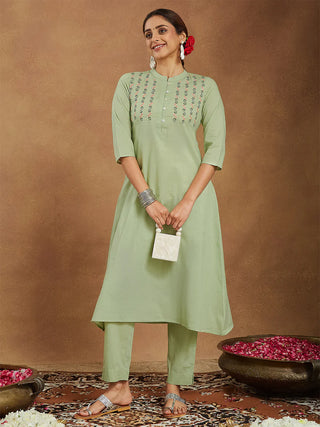 Mint Green Solid A Line Embroidered Kurta Bottom Set