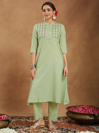 Mint Green Solid A Line Embroidered Kurta Bottom Set