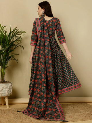 Green Pure Cotton Floral Print Anarkali Shape Suit Set with Dupatta