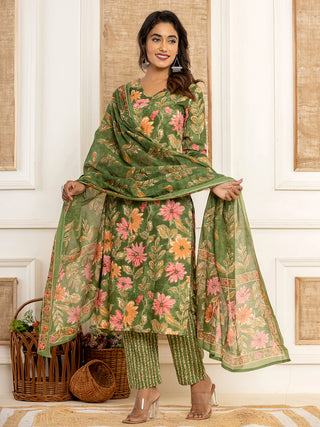 Green Cotton Floral Print Straight Shape Suit Set with Voile Dupatta