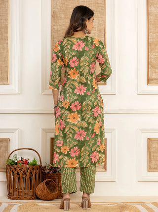 Green Cotton Floral Print Straight Shape Suit Set with Voile Dupatta