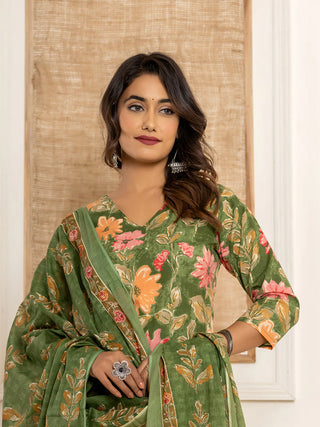 Green Cotton Floral Print Straight Shape Suit Set with Voile Dupatta