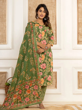 Green Cotton Floral Print Straight Shape Suit Set with Voile Dupatta