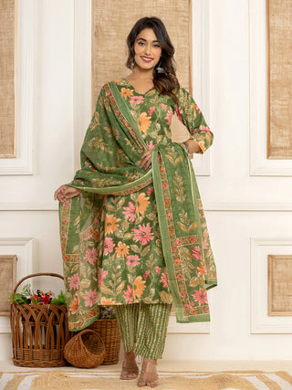 Green Cotton Floral Print Straight Shape Suit Set with Voile Dupatta