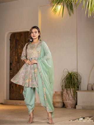 Green Peplum Cotton Floral Print & Embroidered Kurta Dhoti Set with Voile Dupatta