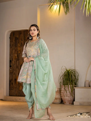 Green Peplum Cotton Floral Print & Embroidered Kurta Dhoti Set with Voile Dupatta