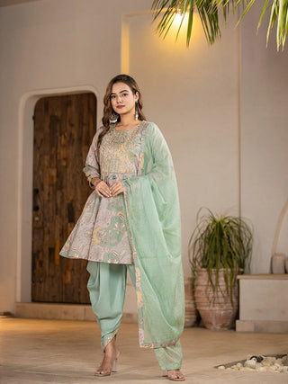 Green Peplum Cotton Floral Print & Embroidered Kurta Dhoti Set with Voile Dupatta