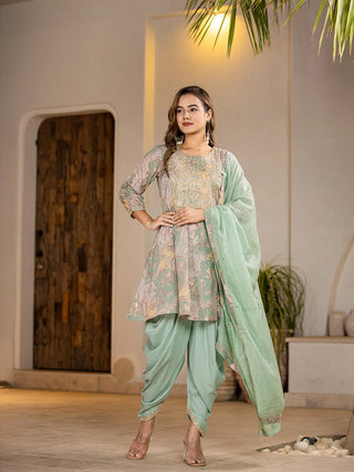 Green Peplum Cotton Floral Print & Embroidered Kurta Dhoti Set with Voile Dupatta