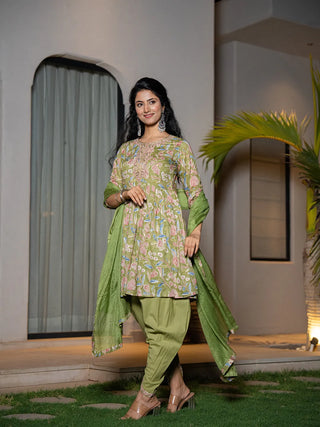 Green Cotton Floral Print & Embroidered Detailing Kurta Dhoti Set with Voile Dupatta