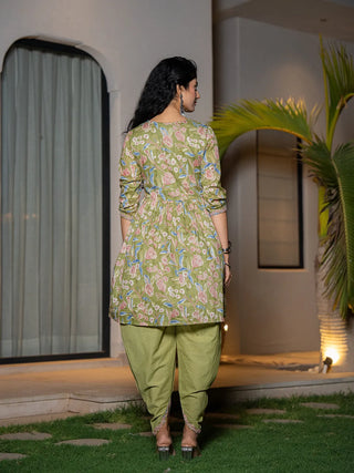 Green Cotton Floral Print & Embroidered Detailing Kurta Dhoti Set with Voile Dupatta