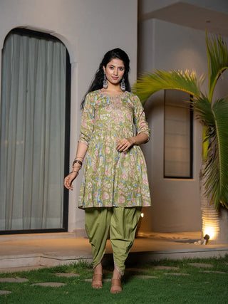 Green Cotton Floral Print & Embroidered Detailing Kurta Dhoti Set with Voile Dupatta