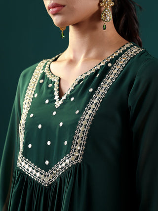 Green Silk Georgette Mirror Embroidered Suit Set with Silk Chiffon Dupatta