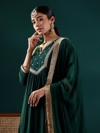 Green Silk Georgette Mirror Embroidered Suit Set with Silk Chiffon Dupatta