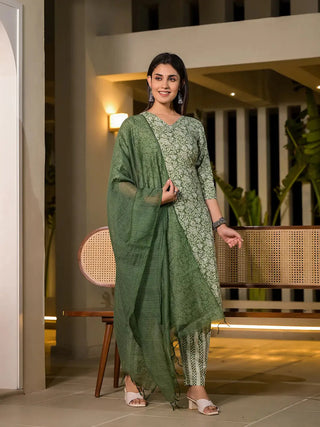 Green Cotton Floral Print Straight Shape Suit Set with Dupatta