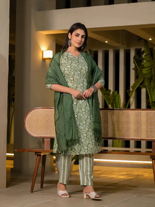 Green Cotton Floral Print Straight Shape Suit Set with Dupatta