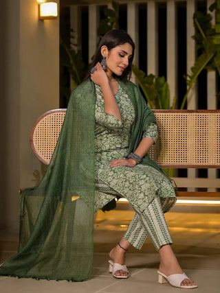 Green Cotton Floral Print Straight Shape Suit Set with Dupatta