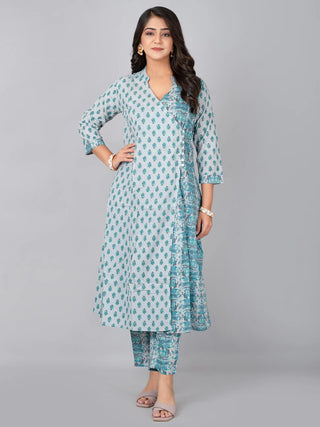 Grey Cotton Block Print & Thread Detailing A Line Kurta Pant Set