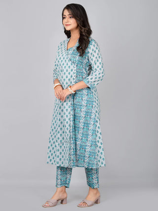 Grey Cotton Block Print & Thread Detailing A Line Kurta Pant Set