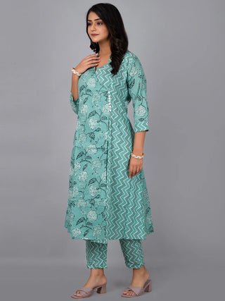 Green Cotton Floral Print & Lace Detailing A Line Kurta Pant Set