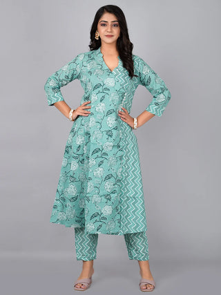 Green Cotton Floral Print & Lace Detailing A Line Kurta Pant Set