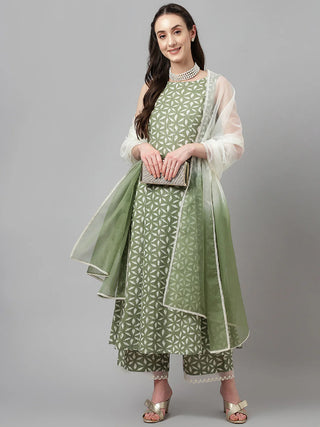 Green Cotton Floral Print Suit Set with Organza Dupatta