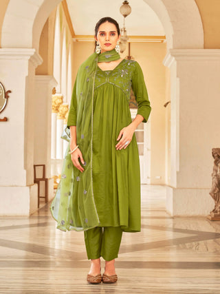 Green Cotton Blend Gota & Sequins Embroidered A Line Alia Cut Suit Set with Net Dupatta