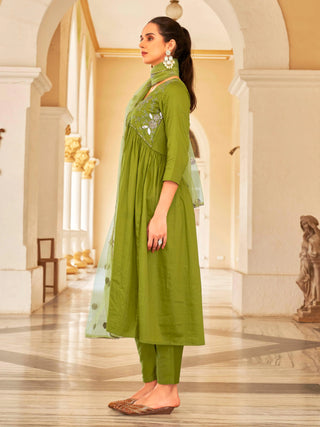 Green Cotton Blend Gota & Sequins Embroidered A Line Alia Cut Suit Set with Net Dupatta