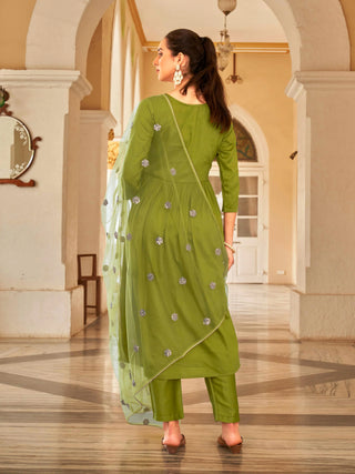 Green Cotton Blend Gota & Sequins Embroidered A Line Alia Cut Suit Set with Net Dupatta