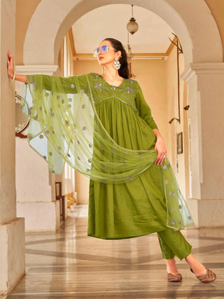 Green Cotton Blend Gota & Sequins Embroidered A Line Alia Cut Suit Set with Net Dupatta